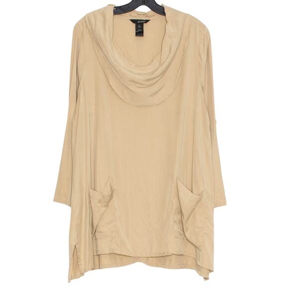 Ali Miles Tunic Top 3/4 Sleeve Cowl Neck Lagenlook Minimalist Neutral Tan Large - Picture 7 of 8
